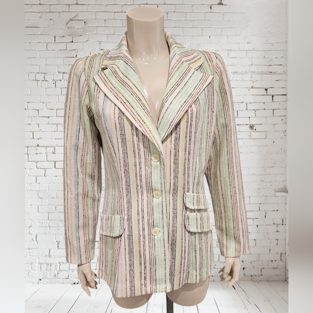 Vintage 70s CHRISTENFELD Women Striped White Pastel Colors Blazer Jacket M/L